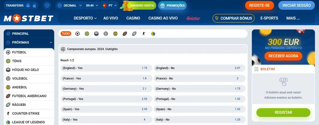 Apostas despotivas em Mostbet